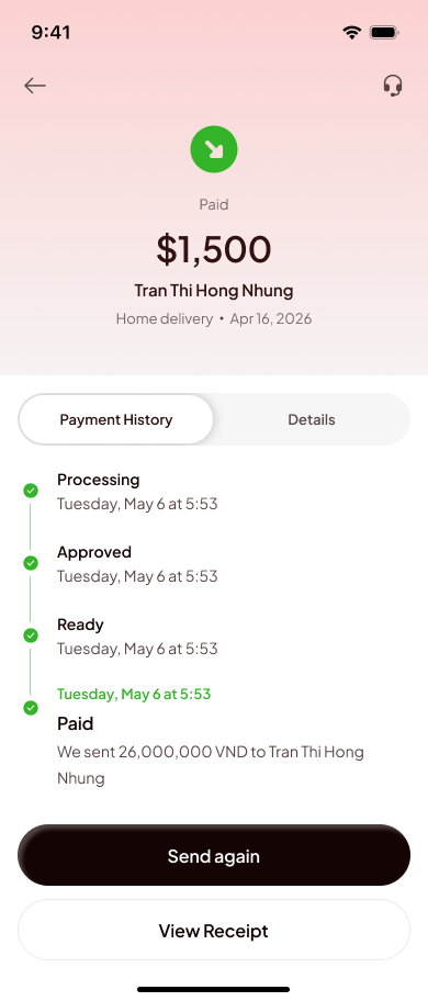 Paid transfer with Processing to Paid timeline