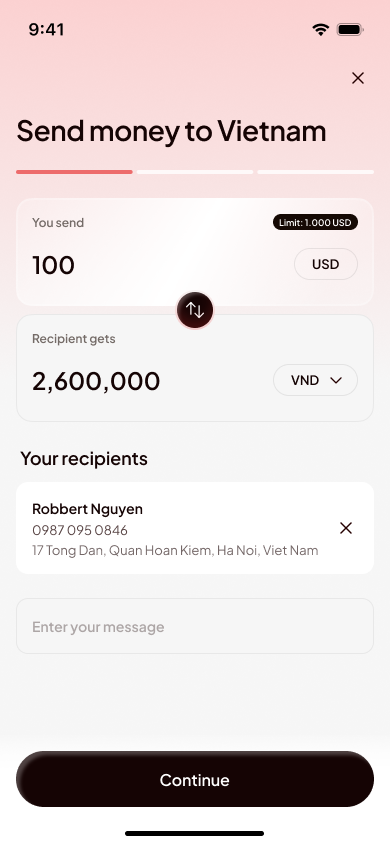 Send 100 USD to Vietnam; recipient gets 2,600,000 VND