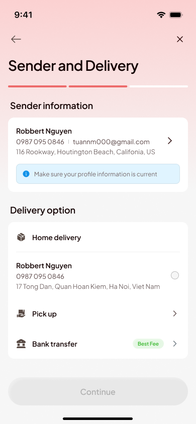 Choose home delivery, pickup, or bank transfer